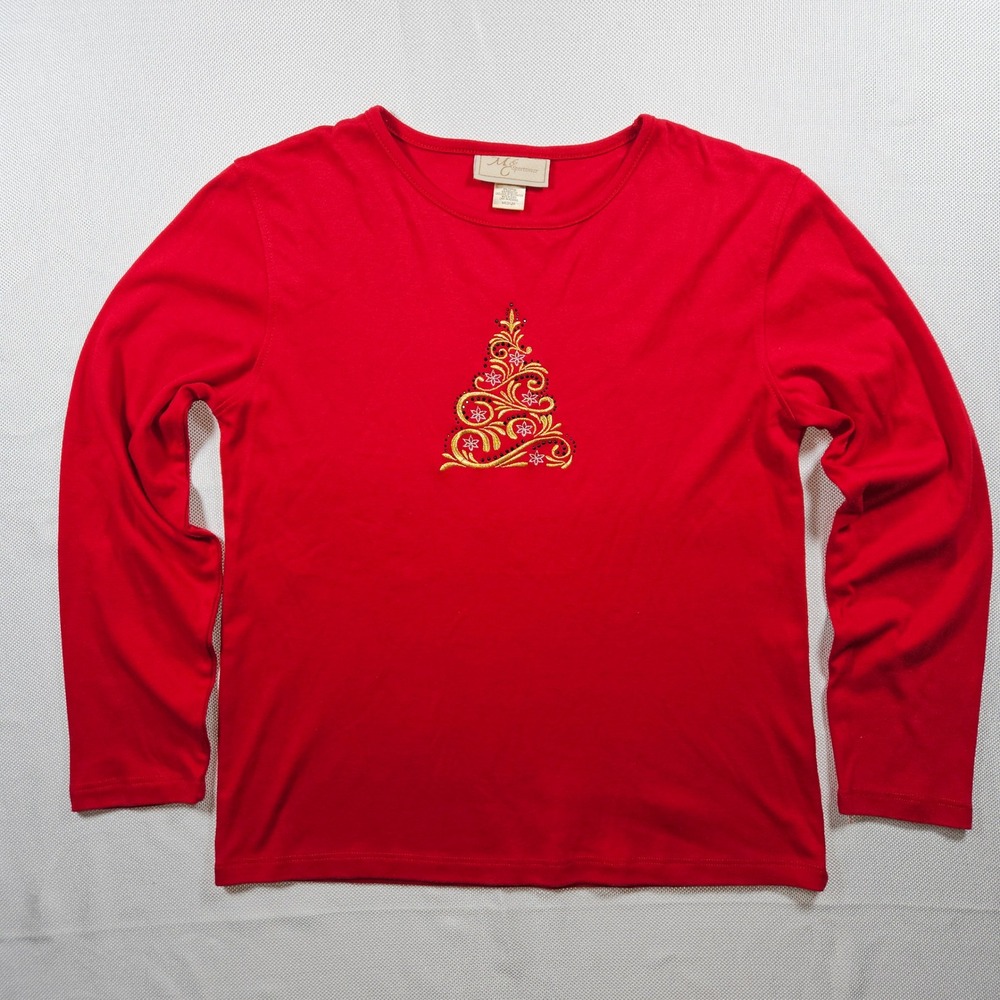 MC Sportswear Women Red Long Sleeve Christmas‎ Tree Embroidered Top Medium